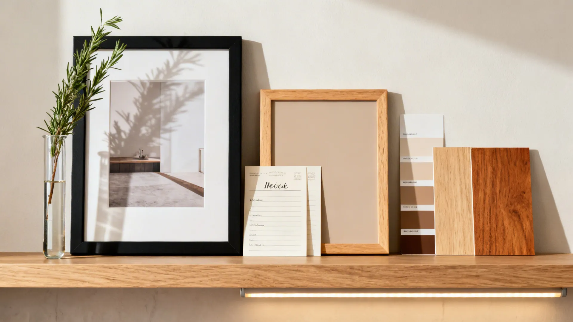 Flat lay of frames, prints, herb vase, paint swatches, wood samples, and LED strip for art ledges.