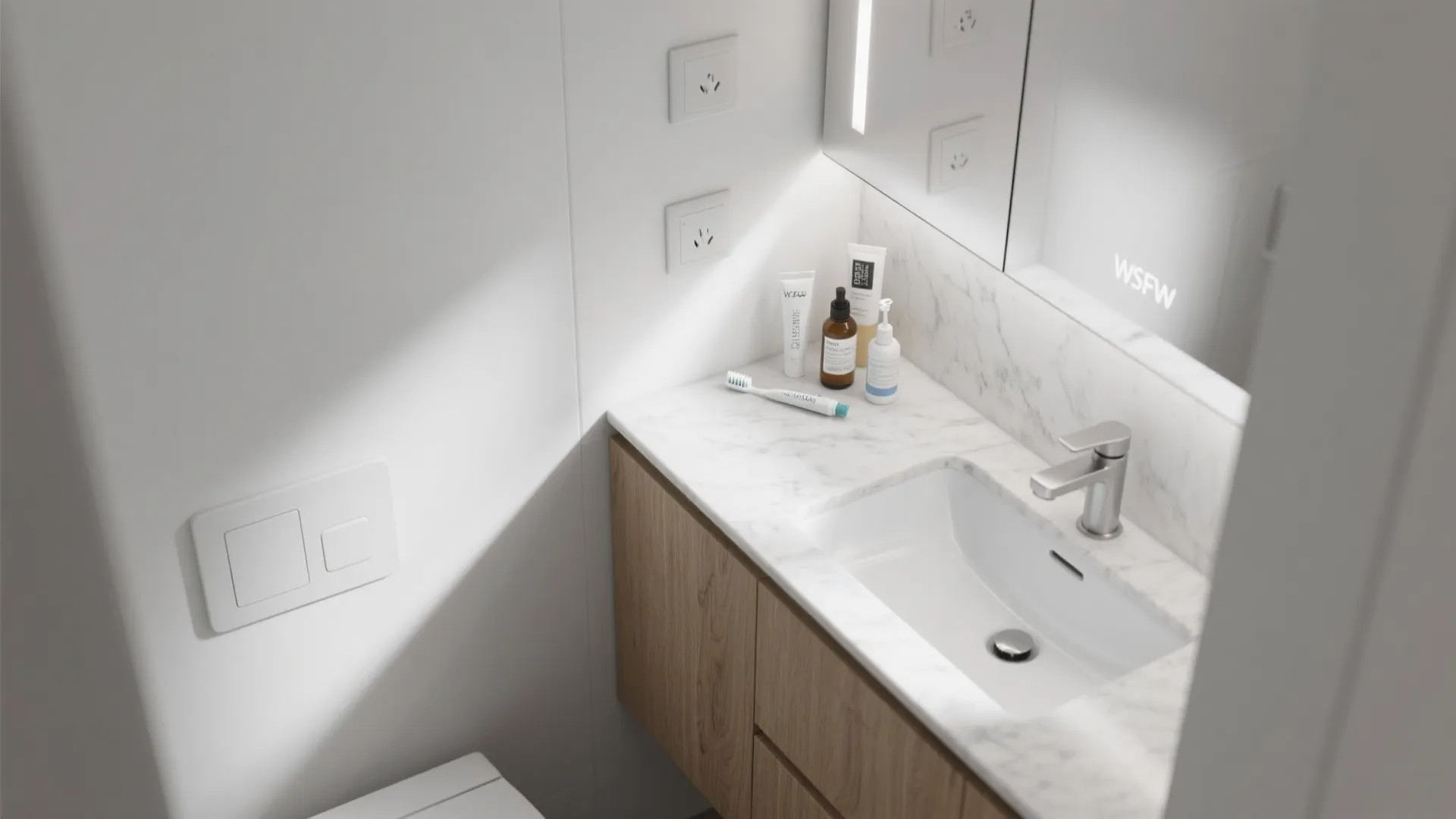 Counter-to-Wall Ledge and Mirror Storage Integration