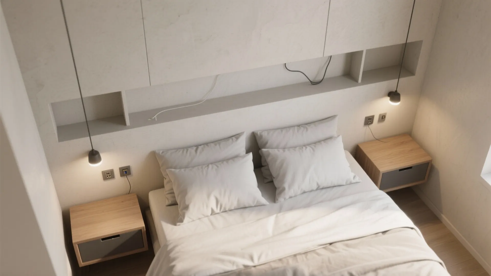 4) Built-In Ledge and Niches That Double as Nightstands