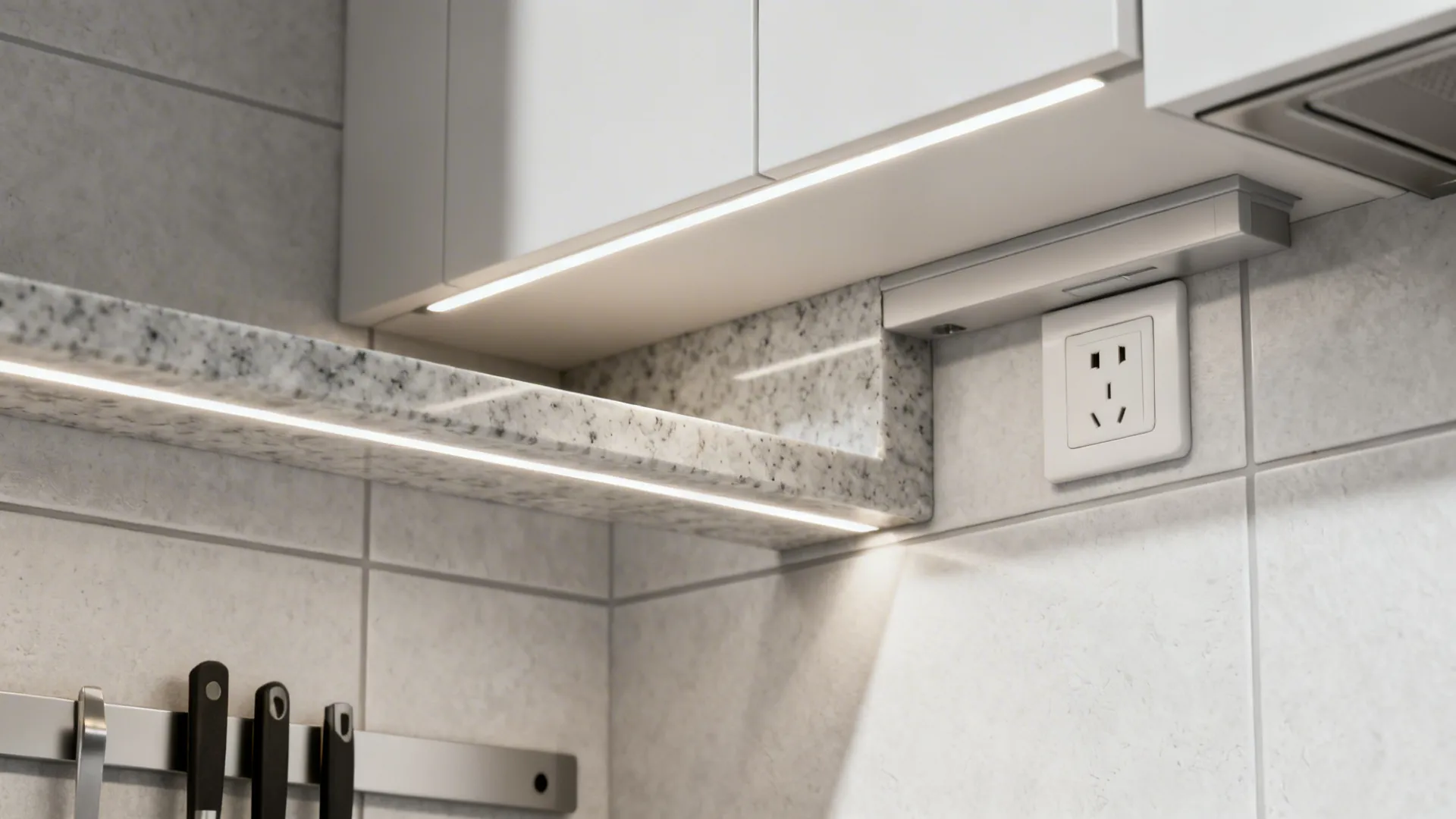 Macro detail of a quartz backsplash ledge with hidden outlet and knife strip under LED lighting.