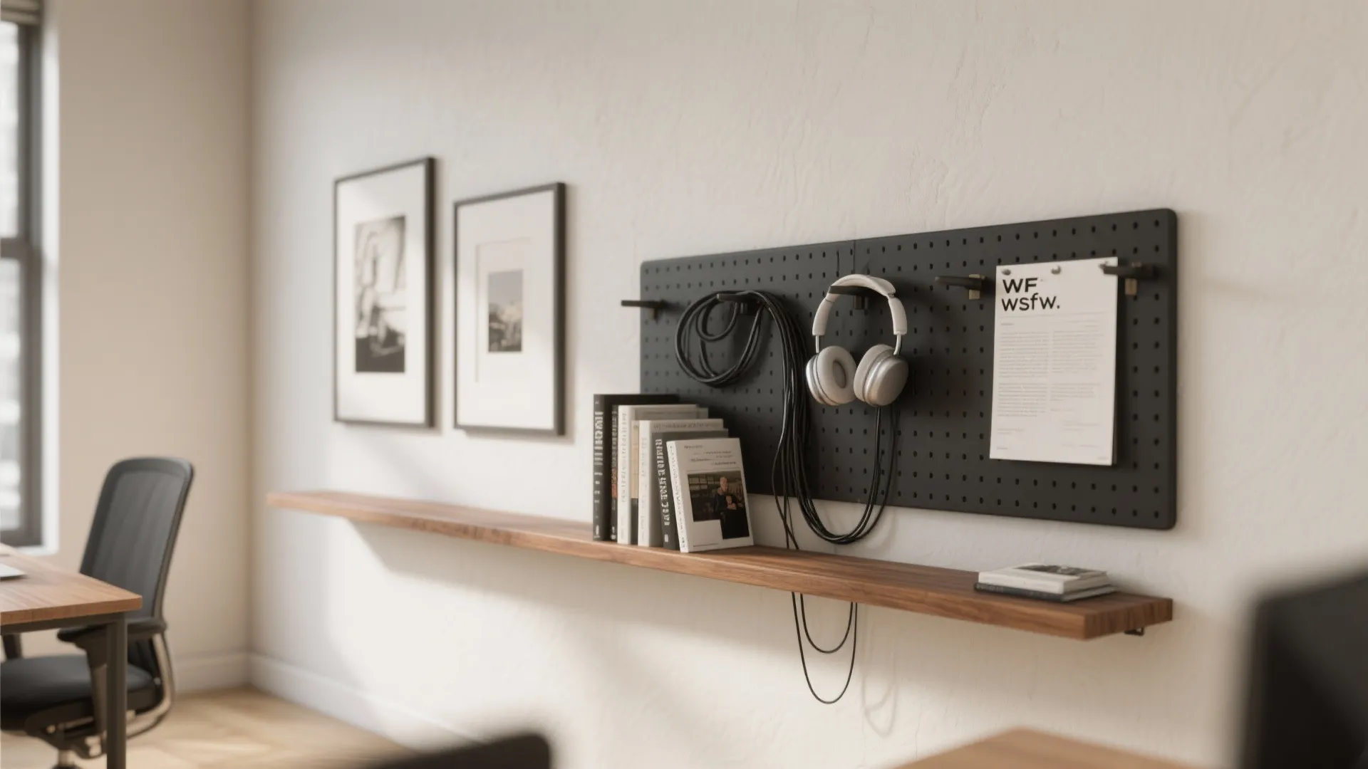 Modern home office wall with black pegboard holding white headphones above long wood wall shelf