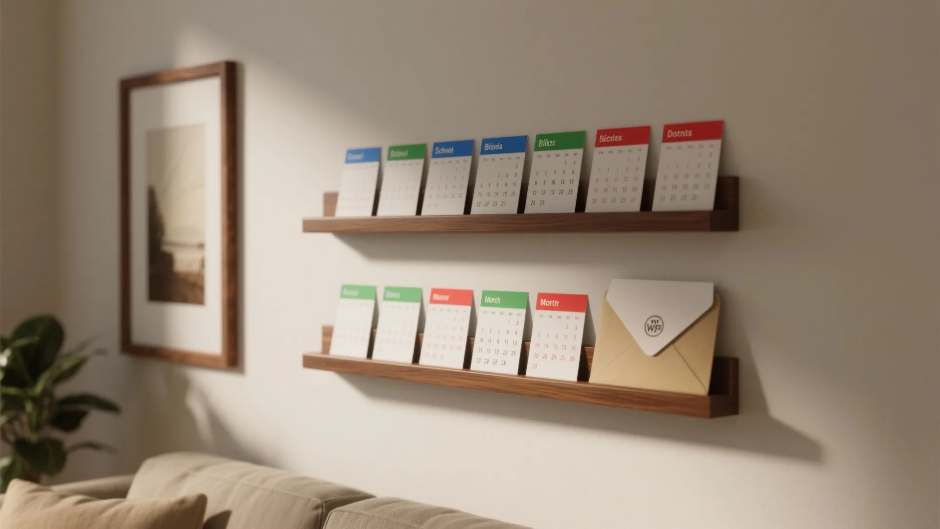 Two stacked picture ledges displaying color-coded calendar cards in a living room.