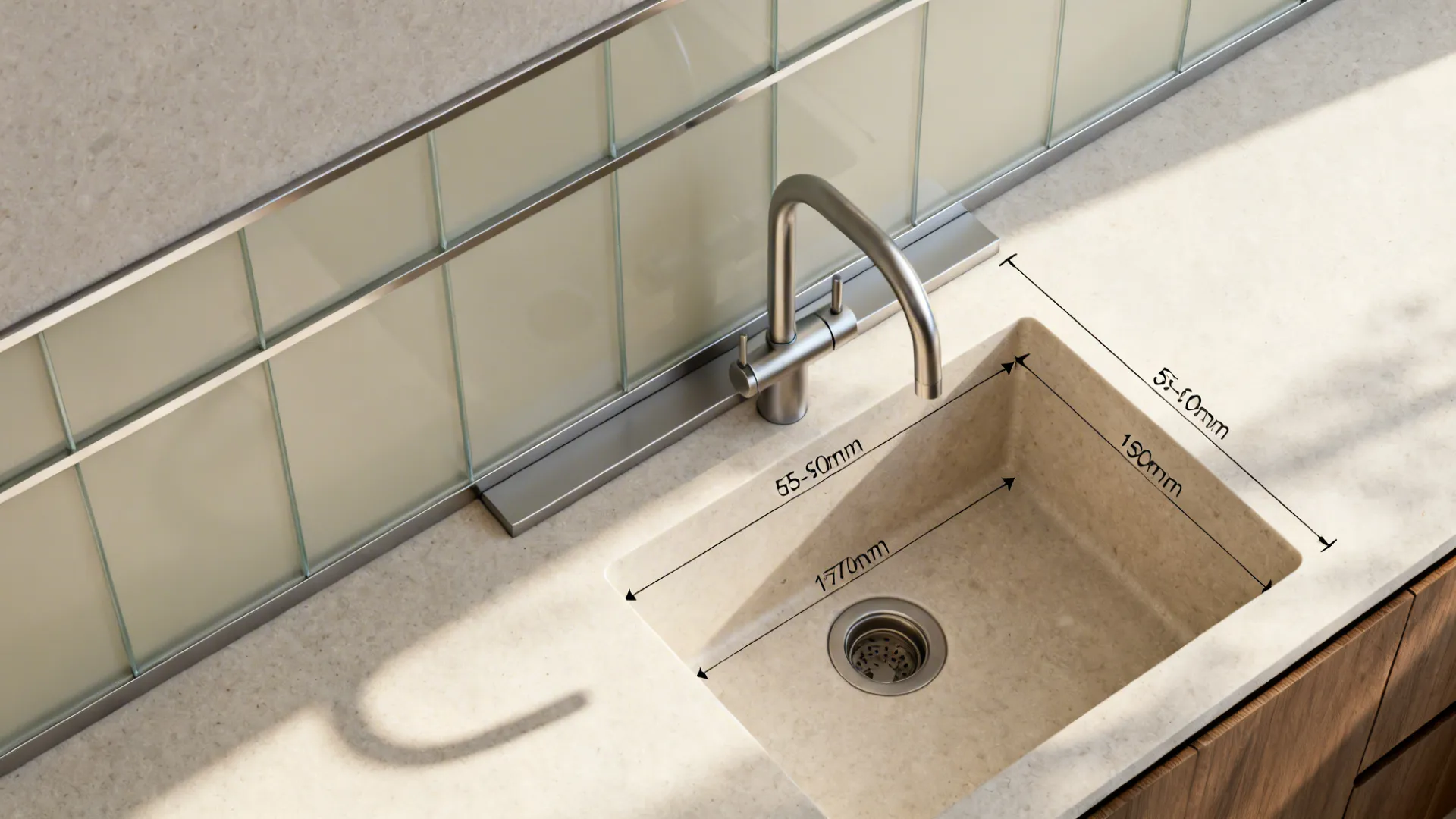 Kitchen sink with silver water tap showing technical measurement lines for interior design drawing layout