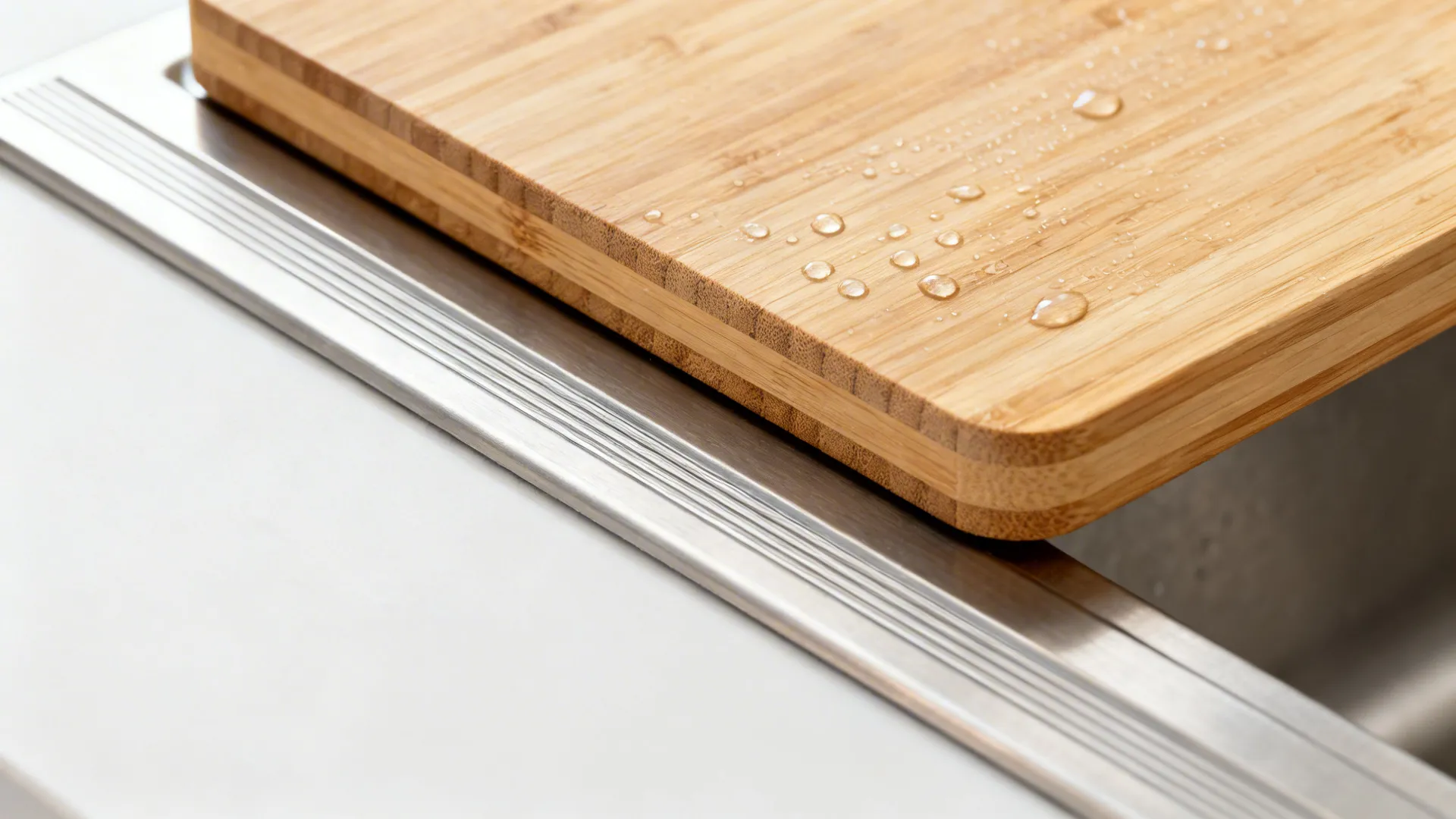 Macro of a stainless workstation sink ledge with a flush-fit bamboo board.
