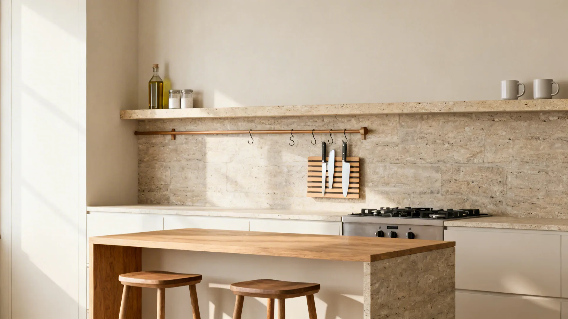Kitchen with a shallow stone ledge, a tidy wall rail, and a slim island with seating.