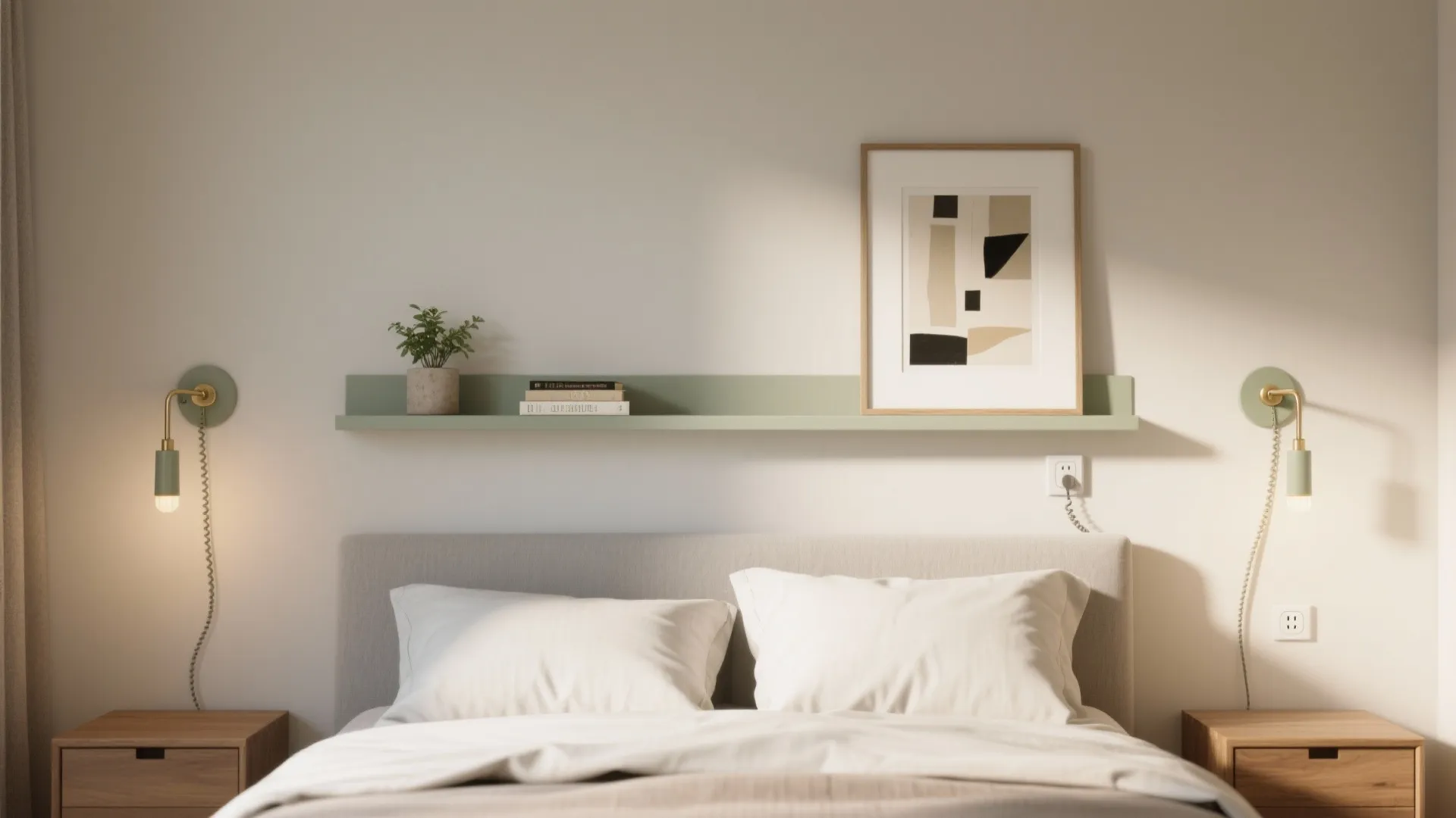 Idea 4: Slim Ledge Shelves + Plug‑In Sconces