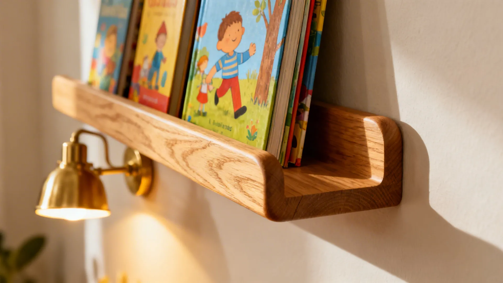 Close-up of an oak picture ledge with books under a warm brass sconce.