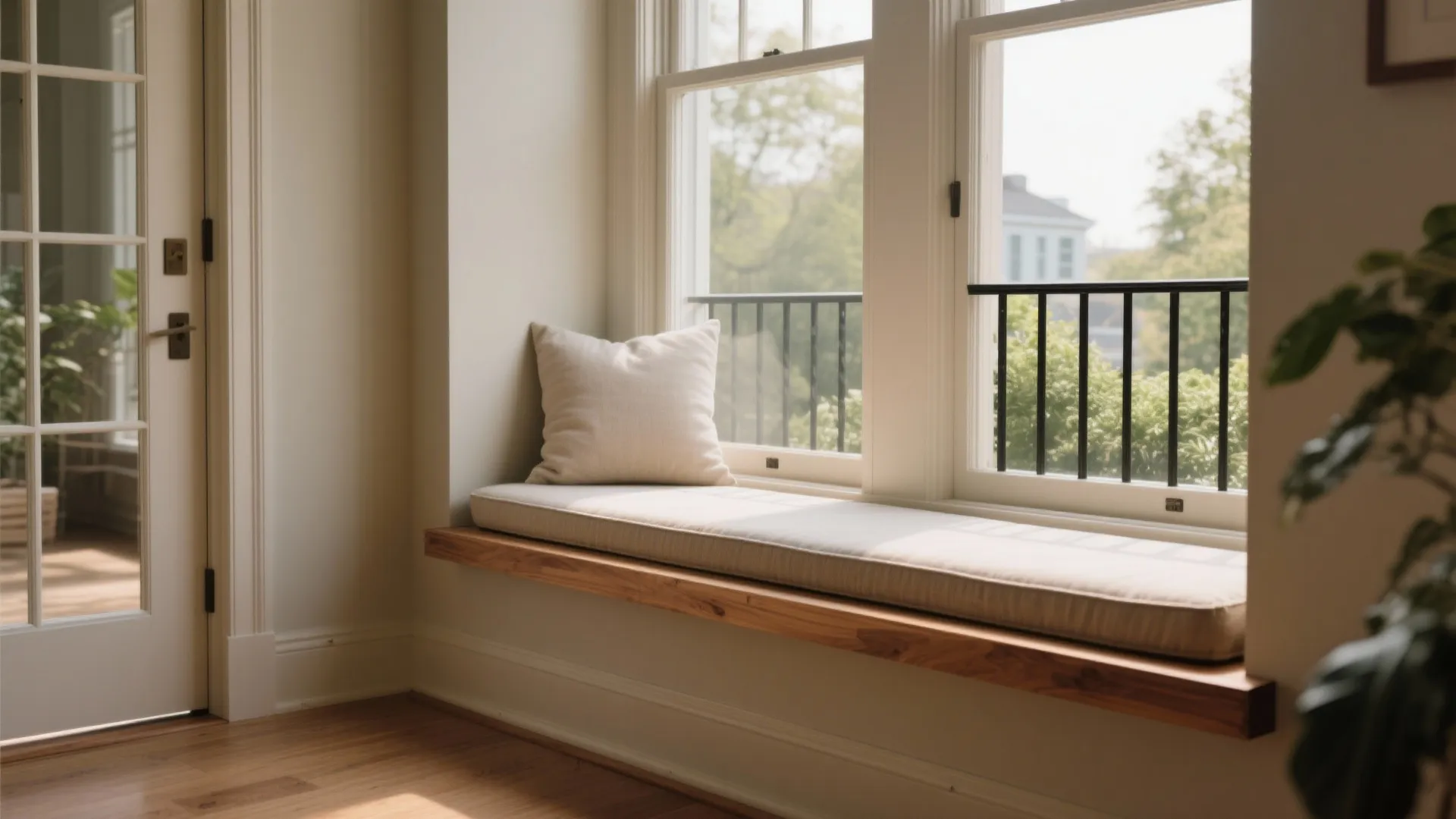Bright room featuring wooden window seat with white cushion pillow and view of green trees