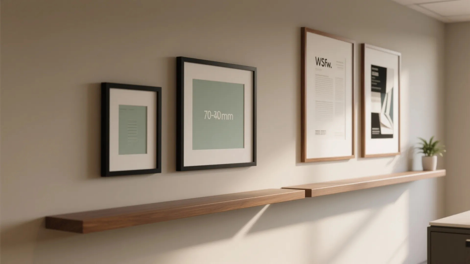 Long wooden floating wall shelves displaying several framed pictures and a small green potted plant