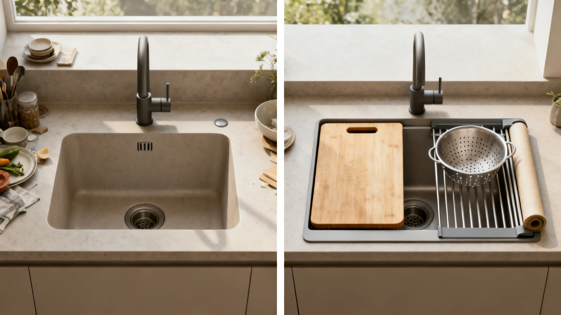 Before-and-after comparison showing a standard sink replaced with a ledge workstation and sliding accessories.