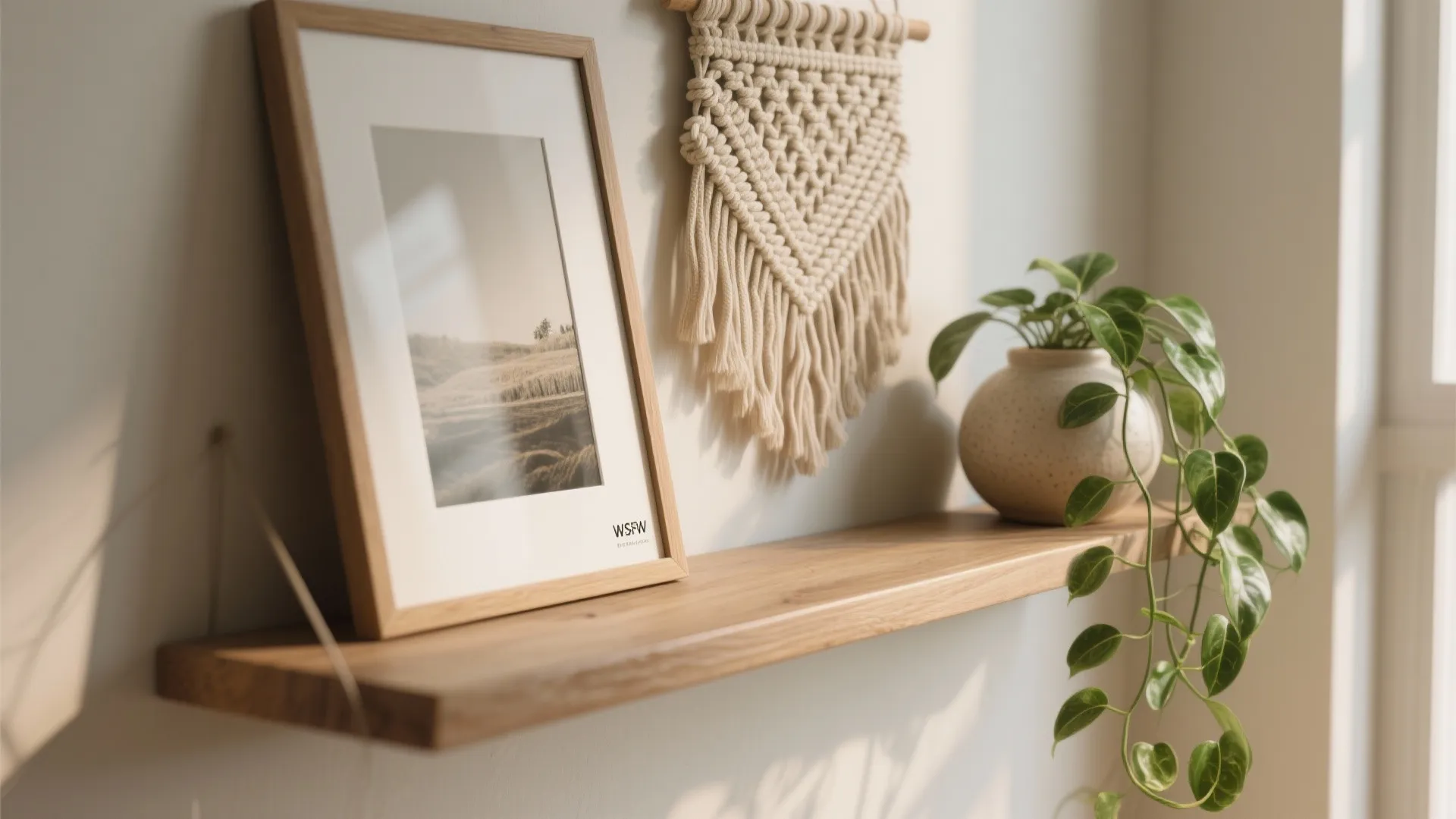 Close-up of a picture ledge layered with a framed print, woven textile and a trailing plant, showing texture and depth.