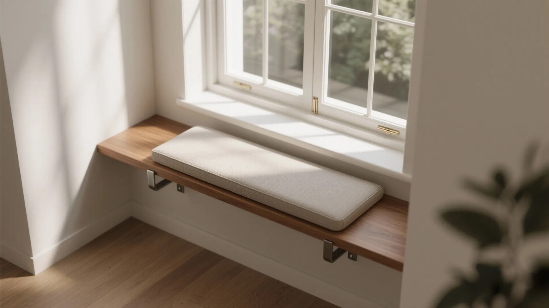 Wooden window seat with a grey cushion installed under a bright white window with sunlight