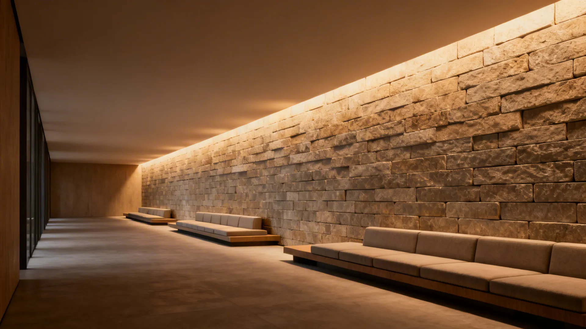Narrow lounge with horizontal ledger stone wall and warm wall washers to visually widen the space.