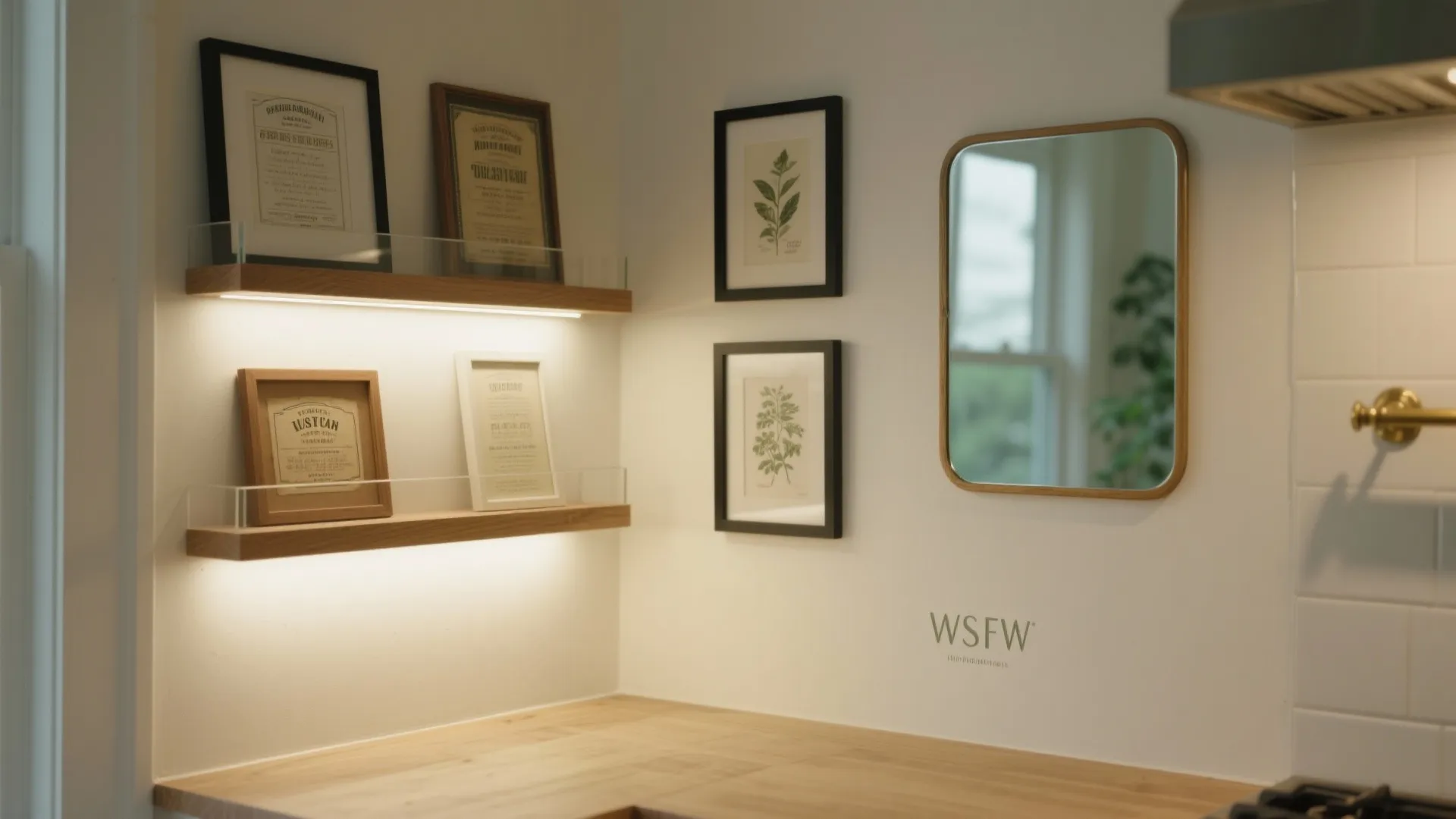 Small kitchen wall with slim picture ledges holding framed art and a mirror panel with warm ambient lighting