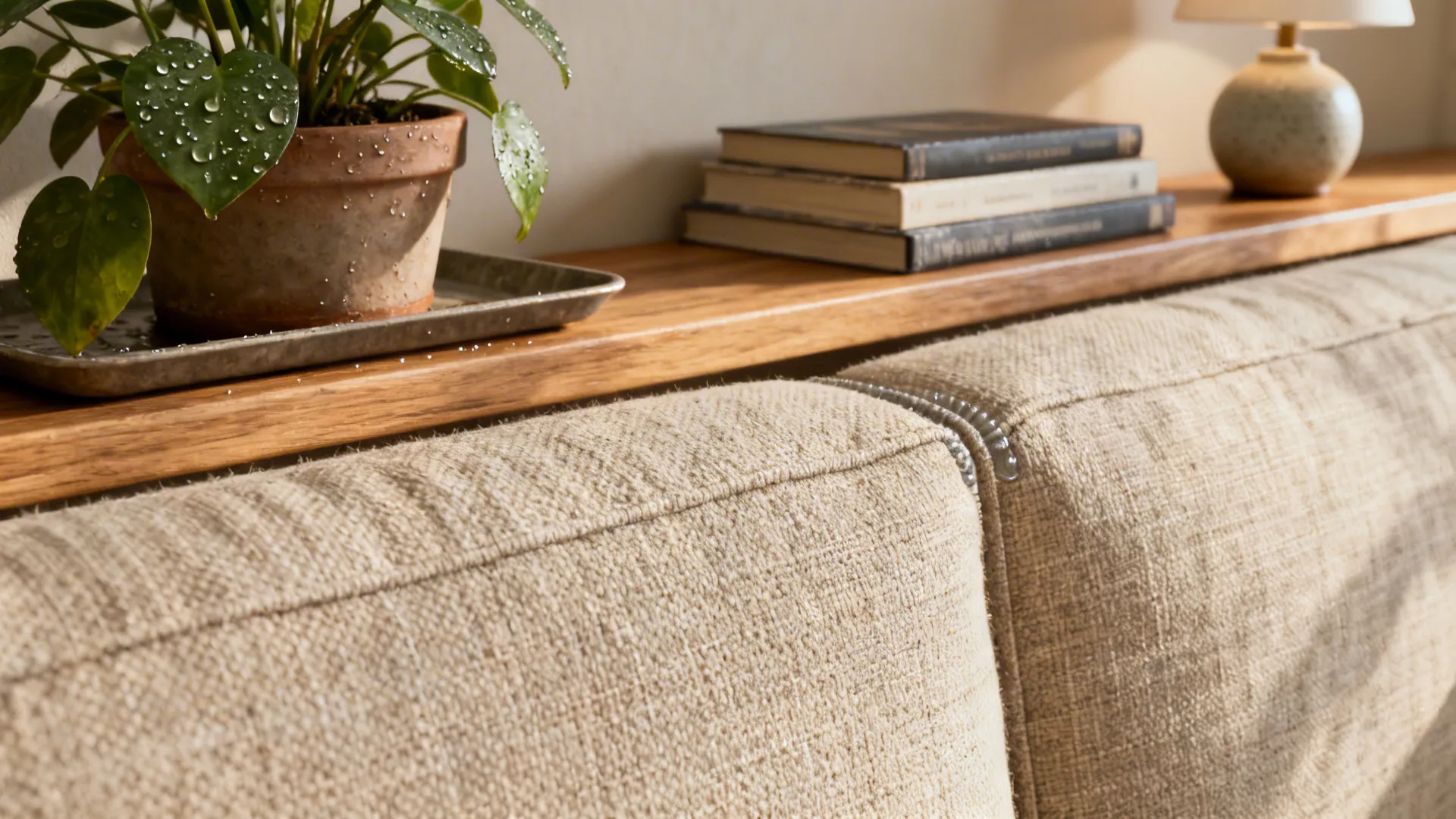 Slim wooden ledge behind a low sofa with plants, books and a lamp, showing material detail