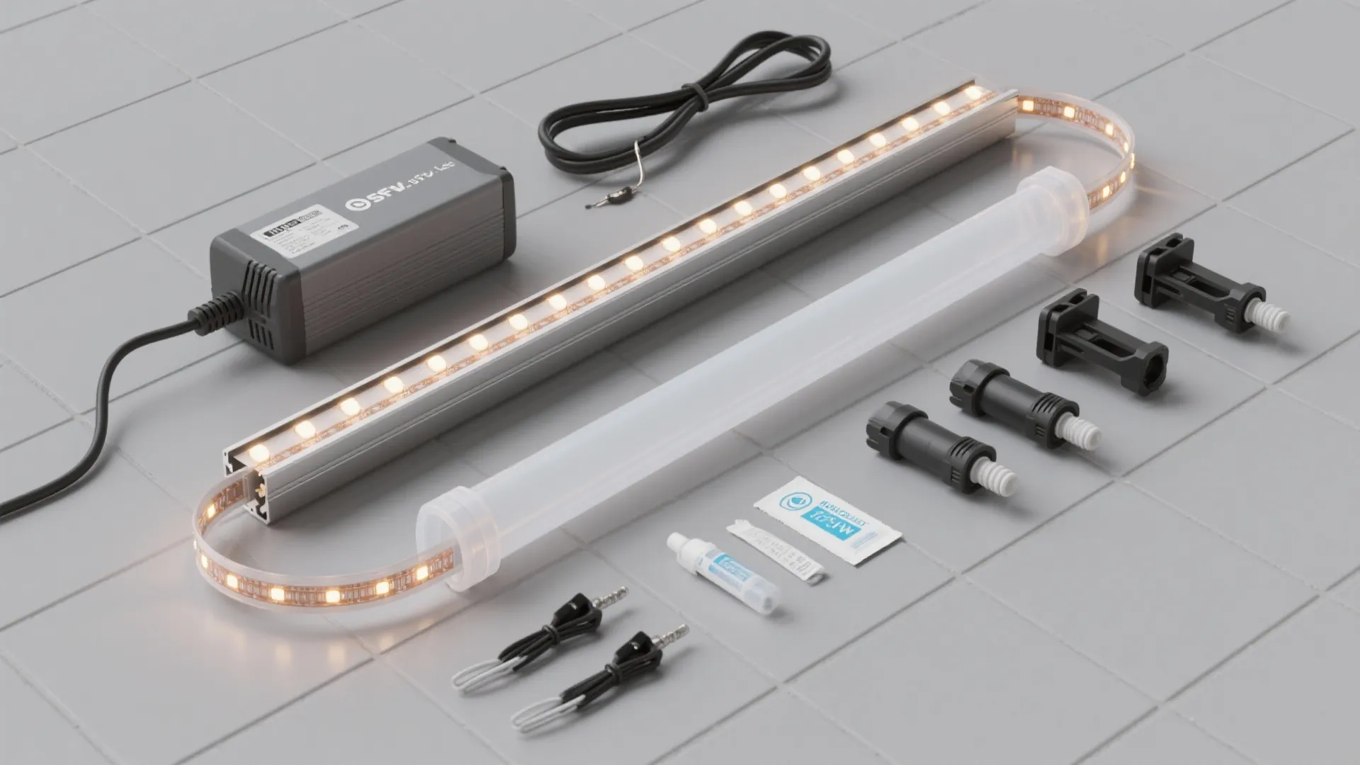 Flat lay of outdoor LED strip parts with aluminum channels, frosted diffusers, and IP-rated accessories.