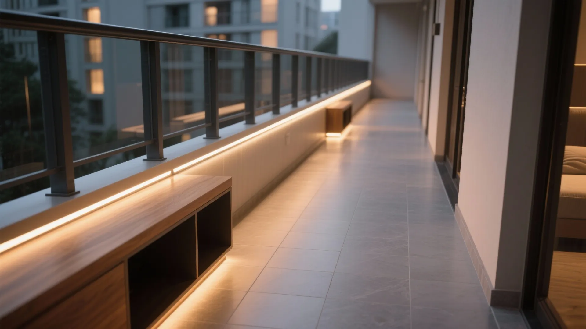 Hidden LED strips under the balcony rail and bench create a soft, indirect floor glow.