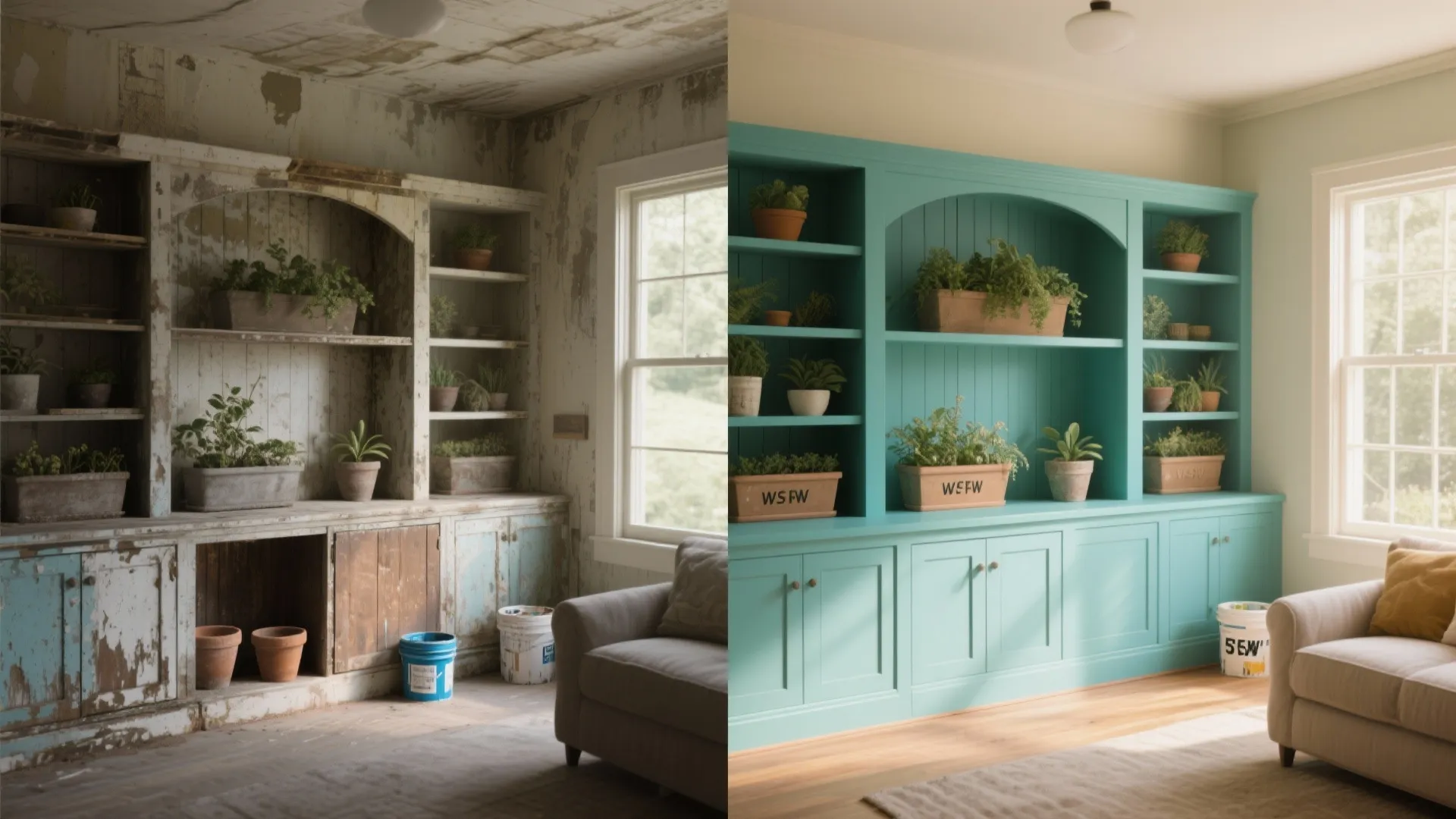 Before and after comparison showing an old broken cabinet transformed into a bright blue cabinet