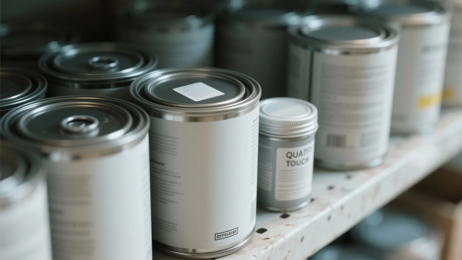 Row of white paint cans and small jars sitting on a metal shelf in storage