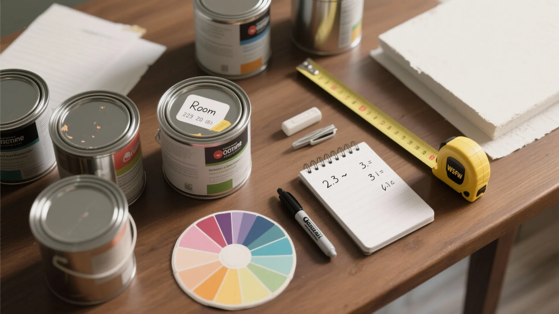 Paint cans, color wheel, yellow tape measure, and notebook on wooden desk for home renovation project
