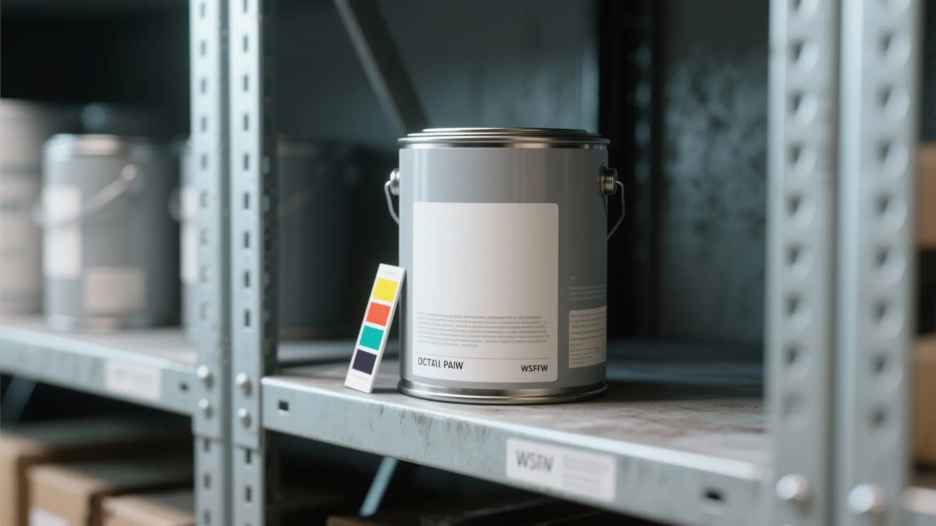 Grey paint can on metal storage shelf with colorful paint swatches in a dim warehouse
