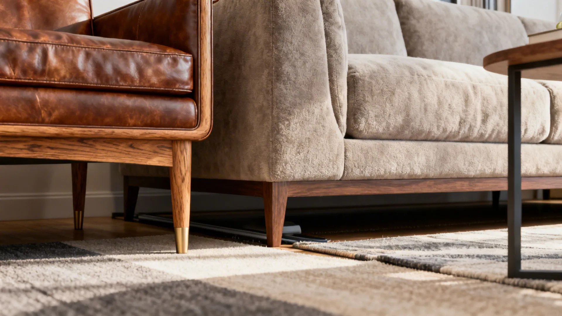 Detail of contrasting sofa leg heights and materials—wood legs and plush skirted fabric—creating rhythmic separation.