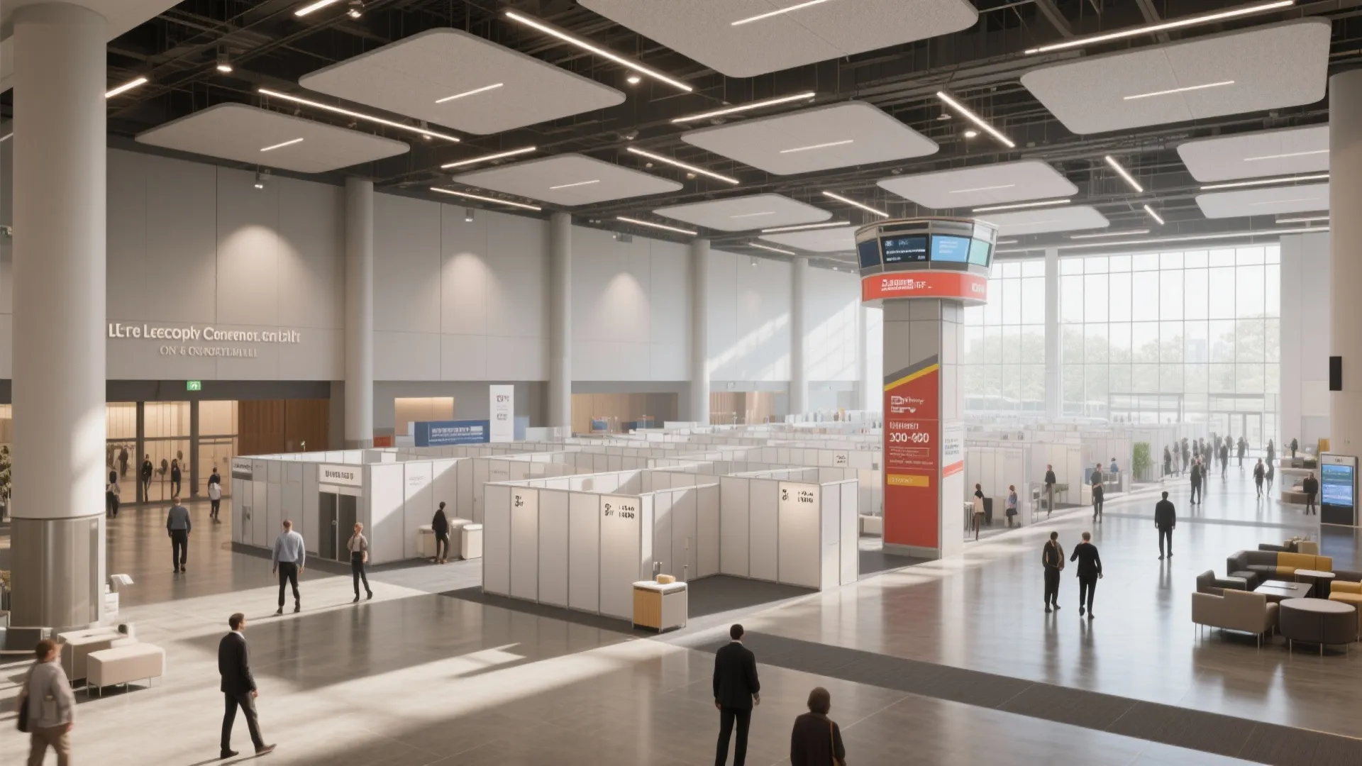Large exhibition hall with white booths and people walking under ceiling with many square lights