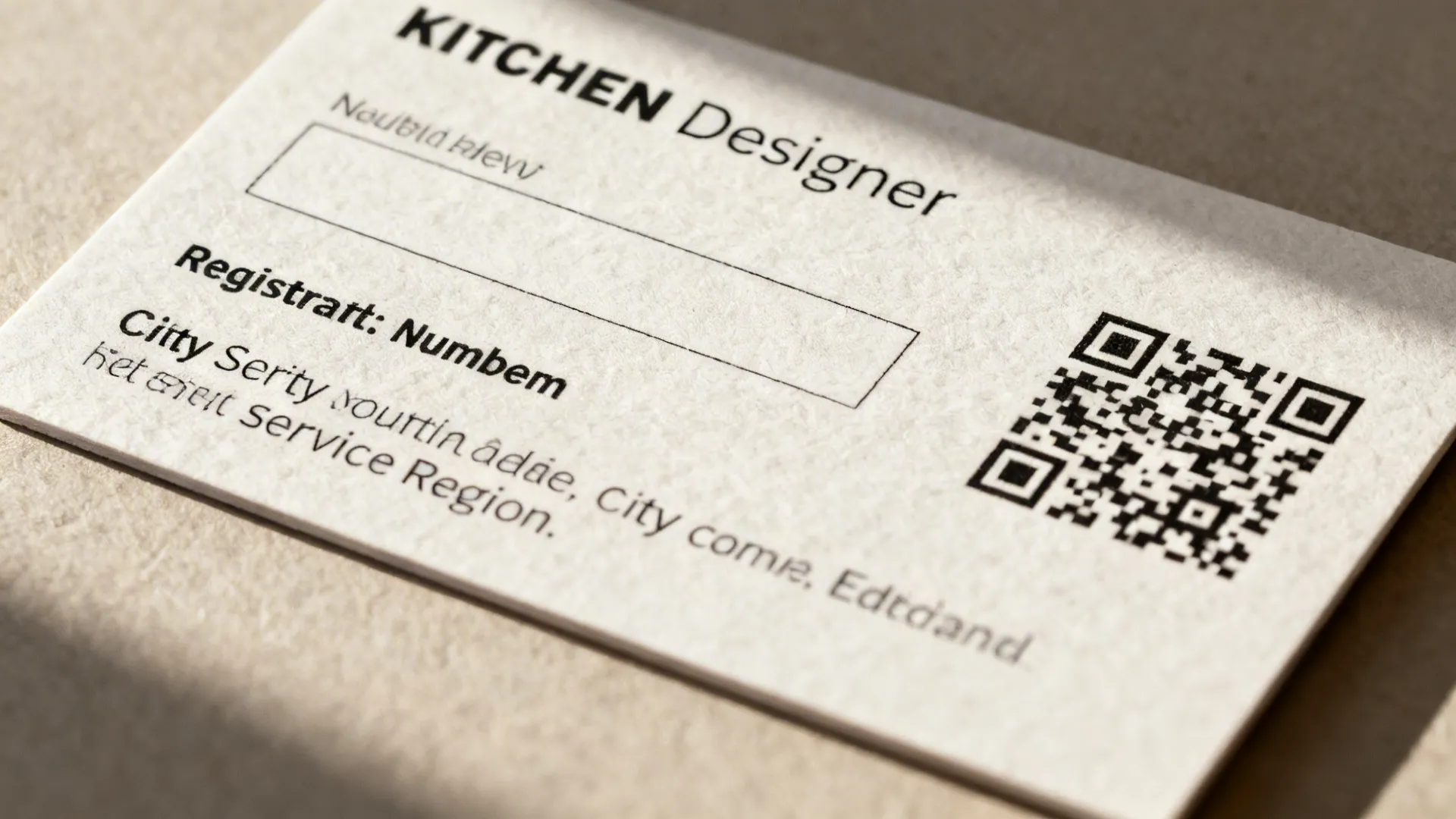 Close up of a business card showing kitchen designer contact details along with QR code