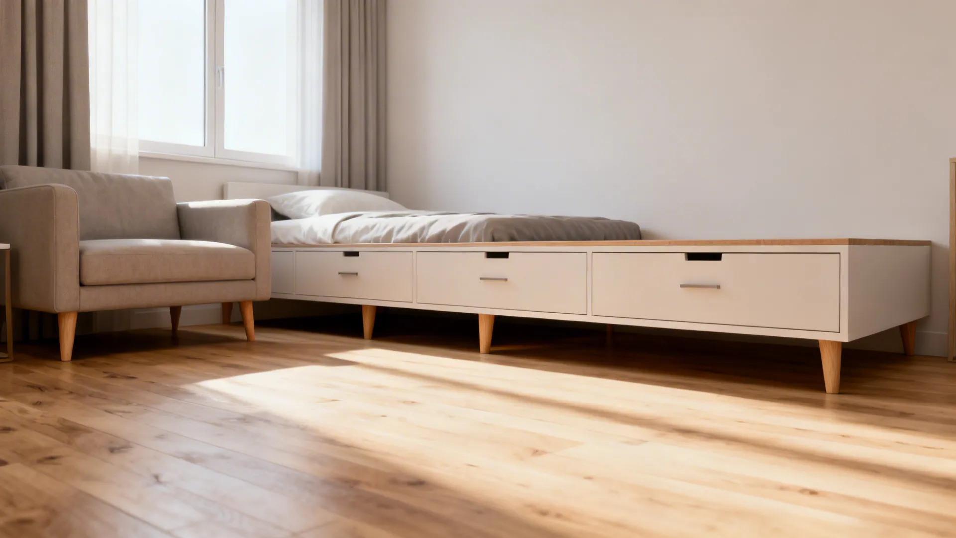 Small studio with low-profile, legged furniture and raised platform bed with drawers