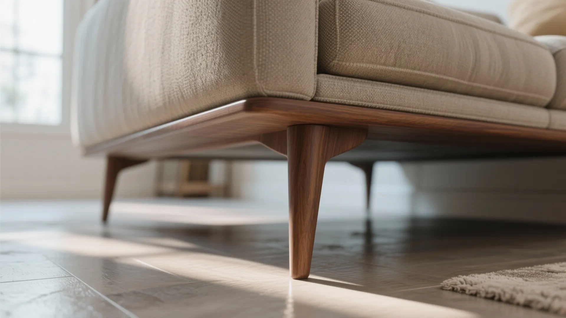 Beige sofa with dark wooden legs on a light wood floor with bright natural sunlight