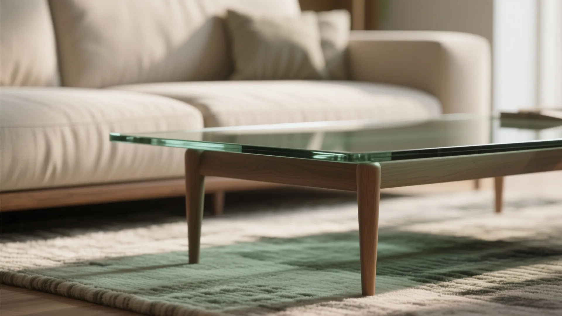 Glass coffee table with wooden legs on a textured rug in a bright living room