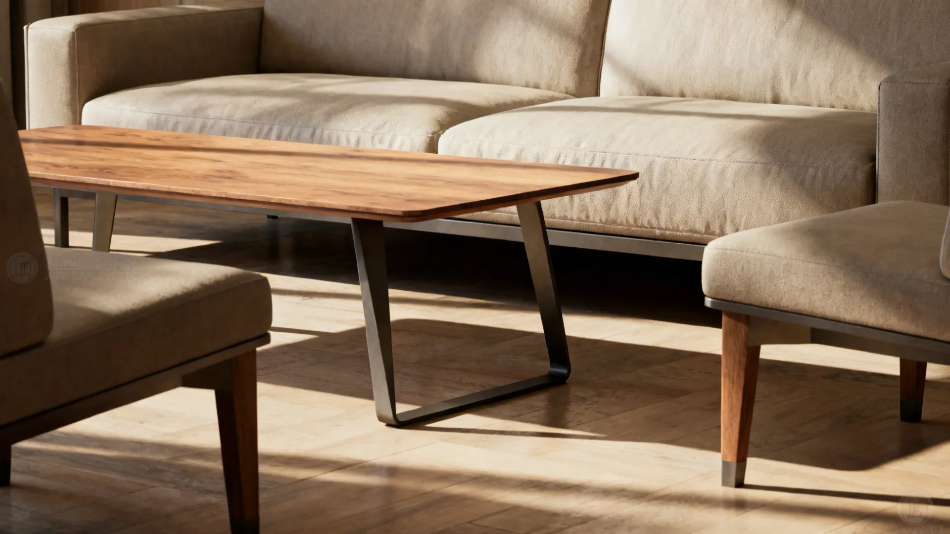 Close view of leggy coffee table and low-profile seating revealing floor beneath a large sofa to create visual lightness.