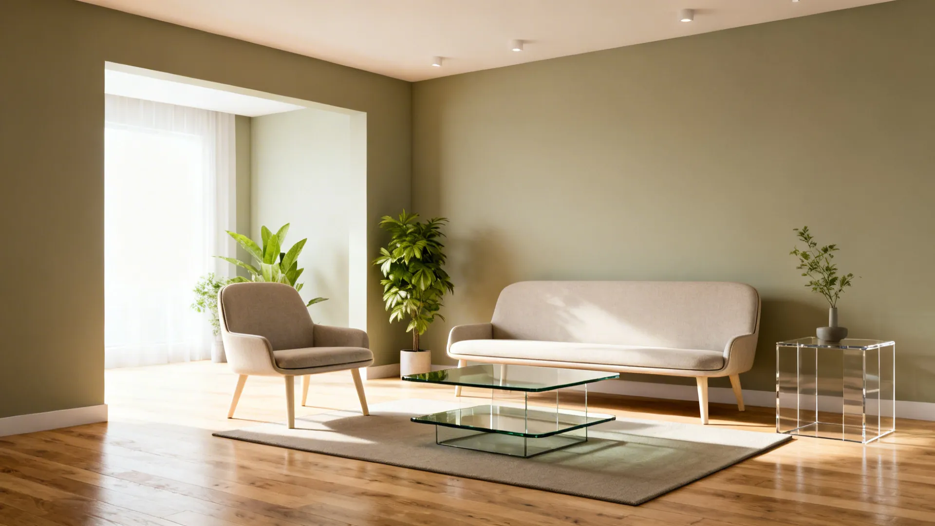 Slim high-leg loveseat with glass nesting tables that keep sightlines clear in a small living room.