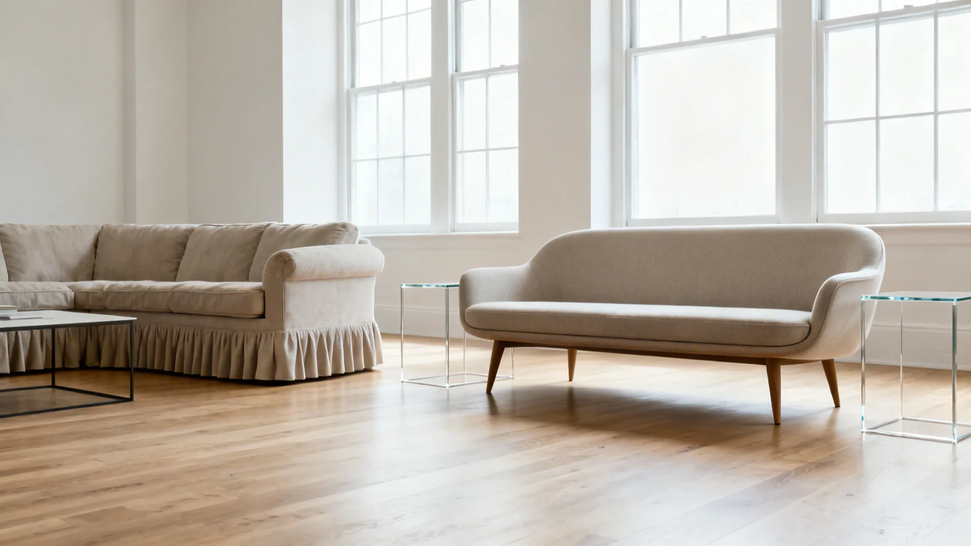 Bright living room featuring two beige sofas, glass side tables, large windows, and wood flooring