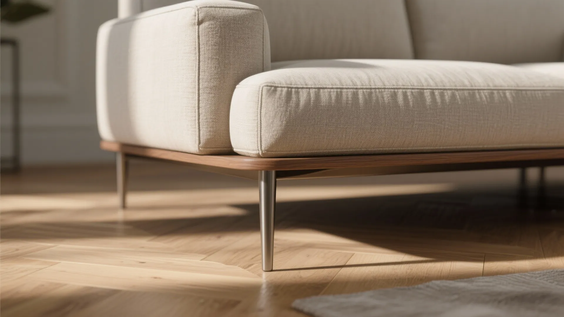 Close up of beige sofa with metal legs on light wood floor with bright natural sunlight