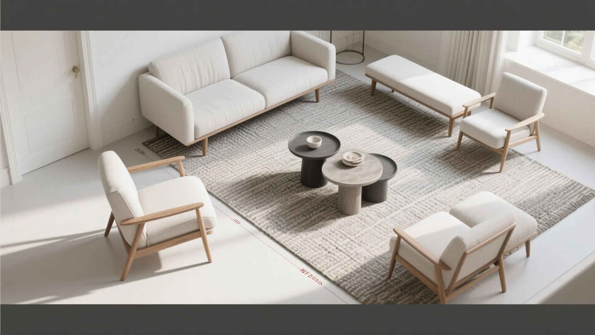Modern living room with white sofa, chairs, wooden legs, patterned rug, and round coffee tables