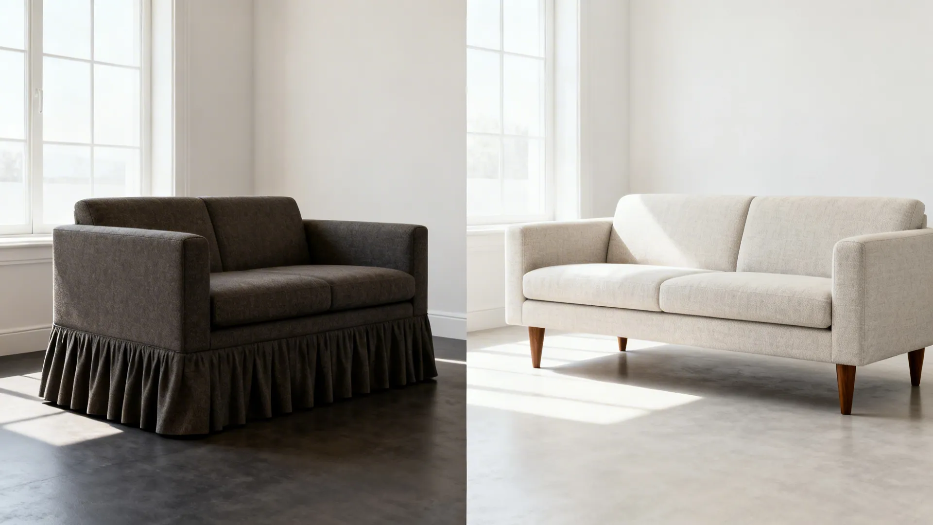 Before-and-after of a small room switching from a skirted sofa to a leggy light fabric sofa.