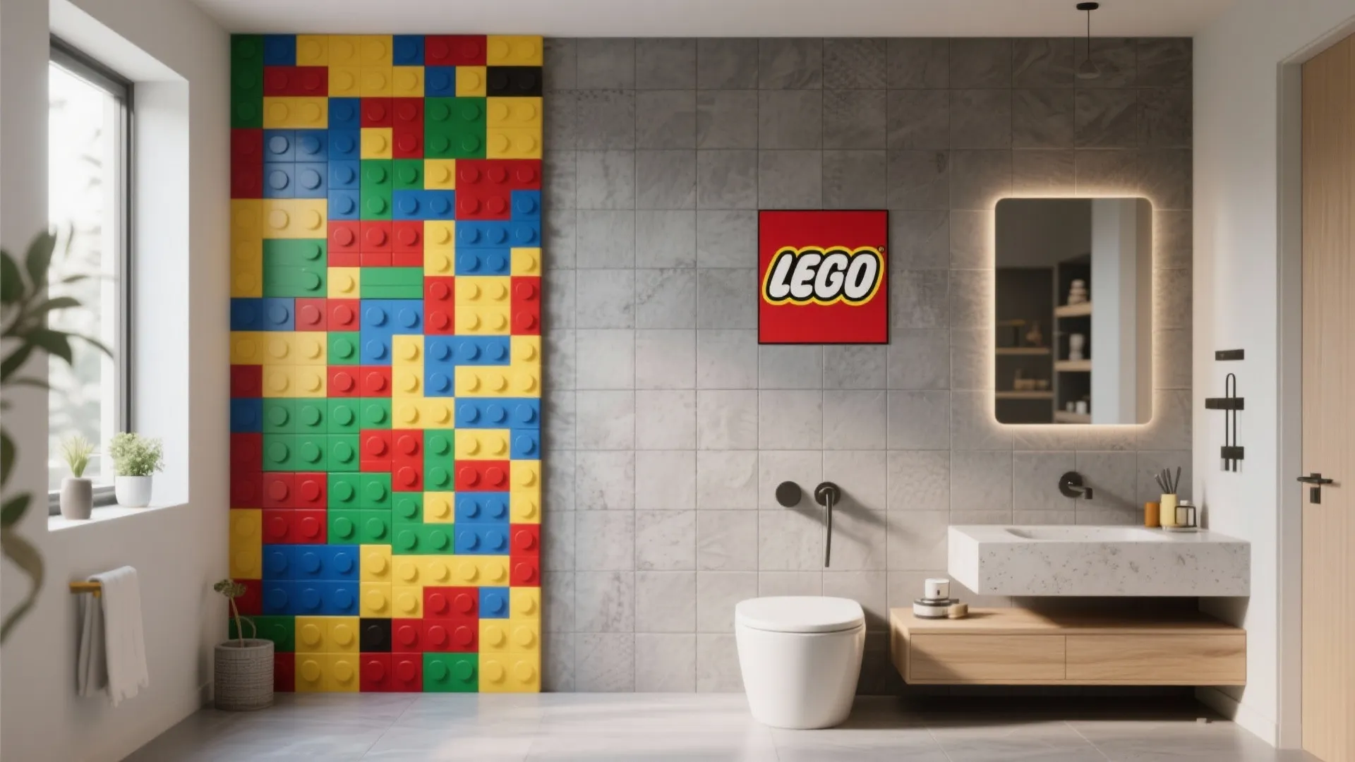 Modern bathroom with colorful toy brick wall panel white toilet and floating wooden sink cabinet