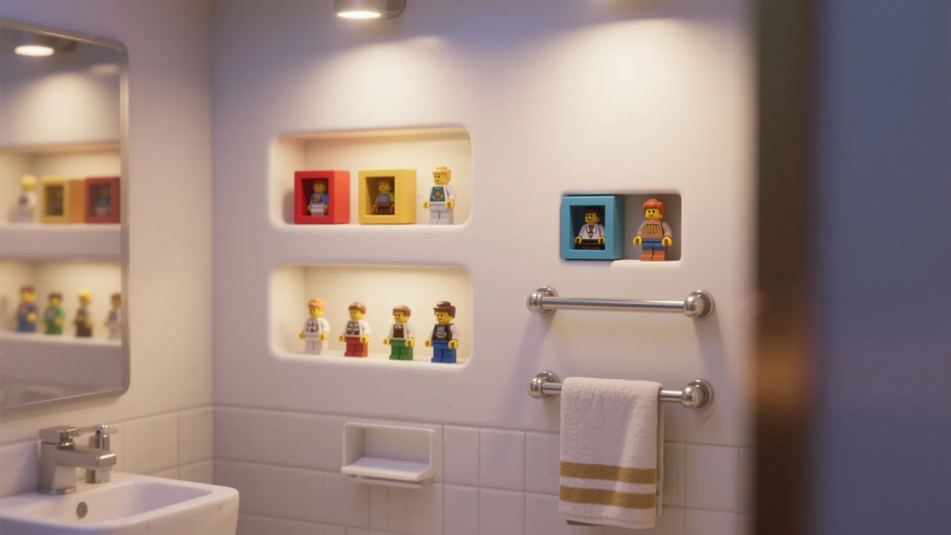 Bathroom wall with built in niches displaying small toy figures next to a towel rack