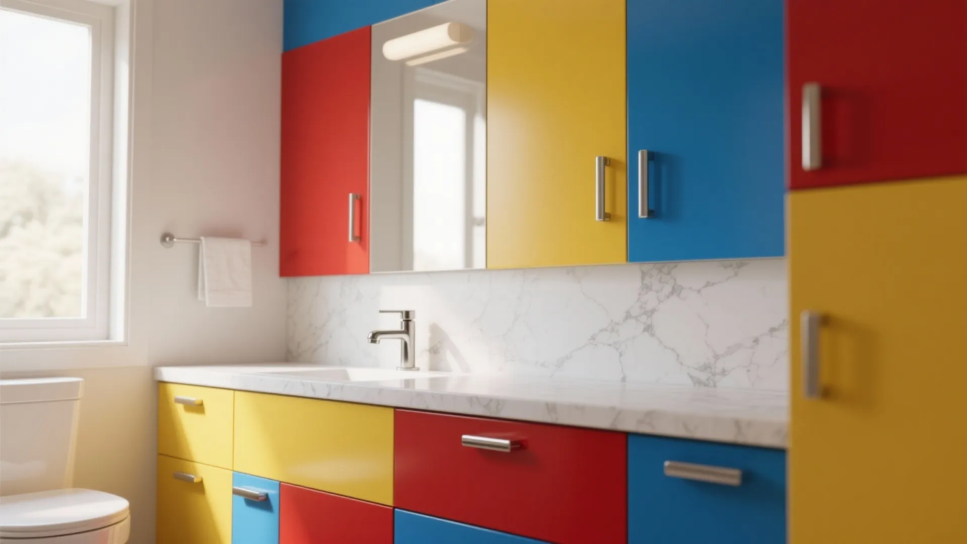 Modern bathroom with colorful primary color cabinets white marble countertop and a simple wall mirror