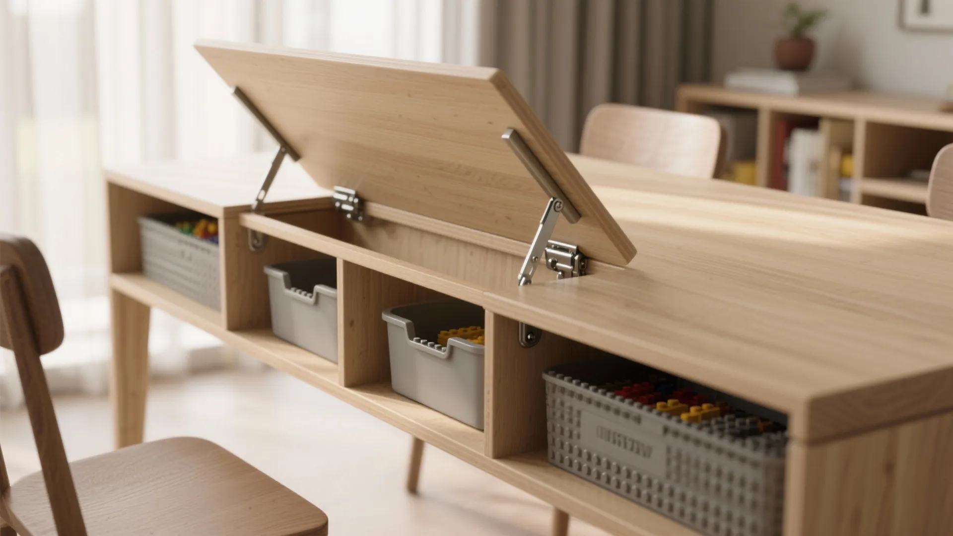 Wooden desk with hinged top section opened to reveal several grey plastic toy storage bins