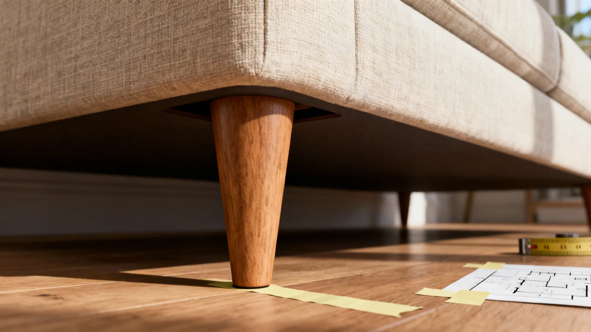 Close-up of furniture legs and light fabric illustrating sightlines and lightweight styling for small rooms.