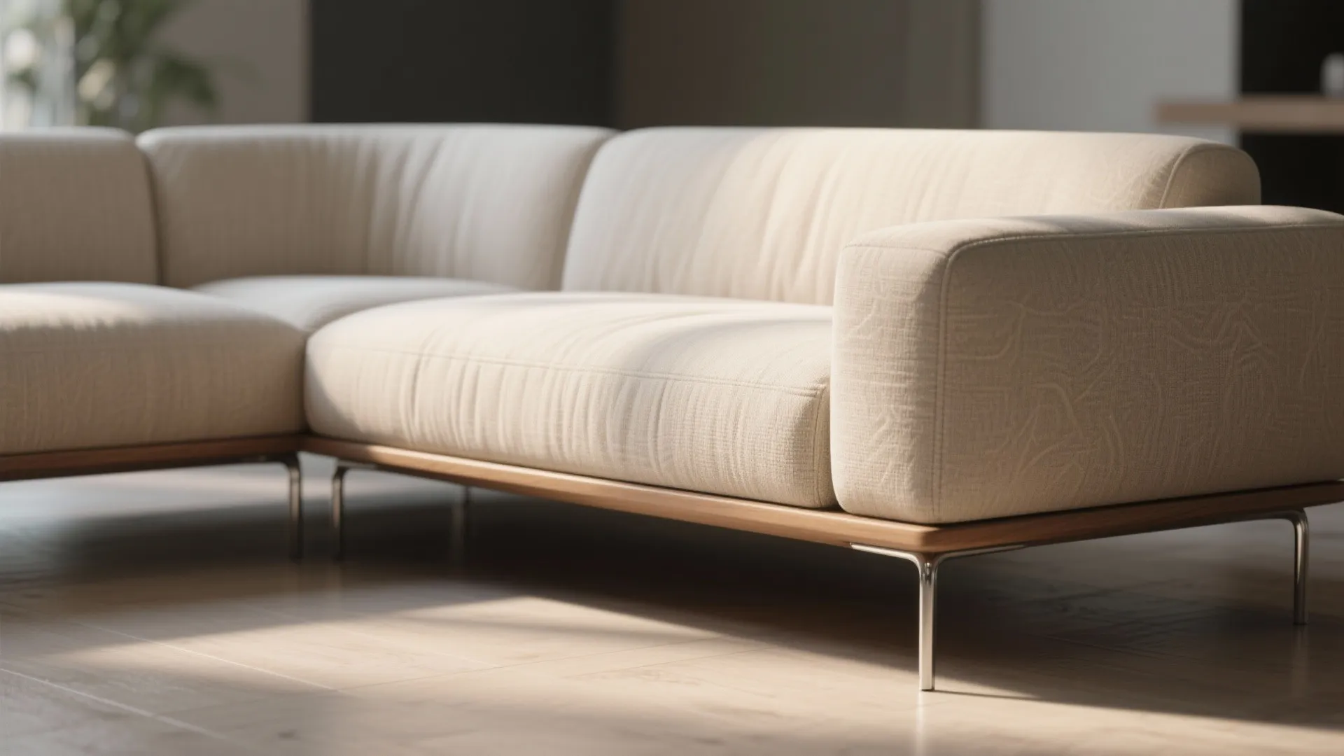 Close up of a beige fabric sofa with thin metal legs and a wooden frame base