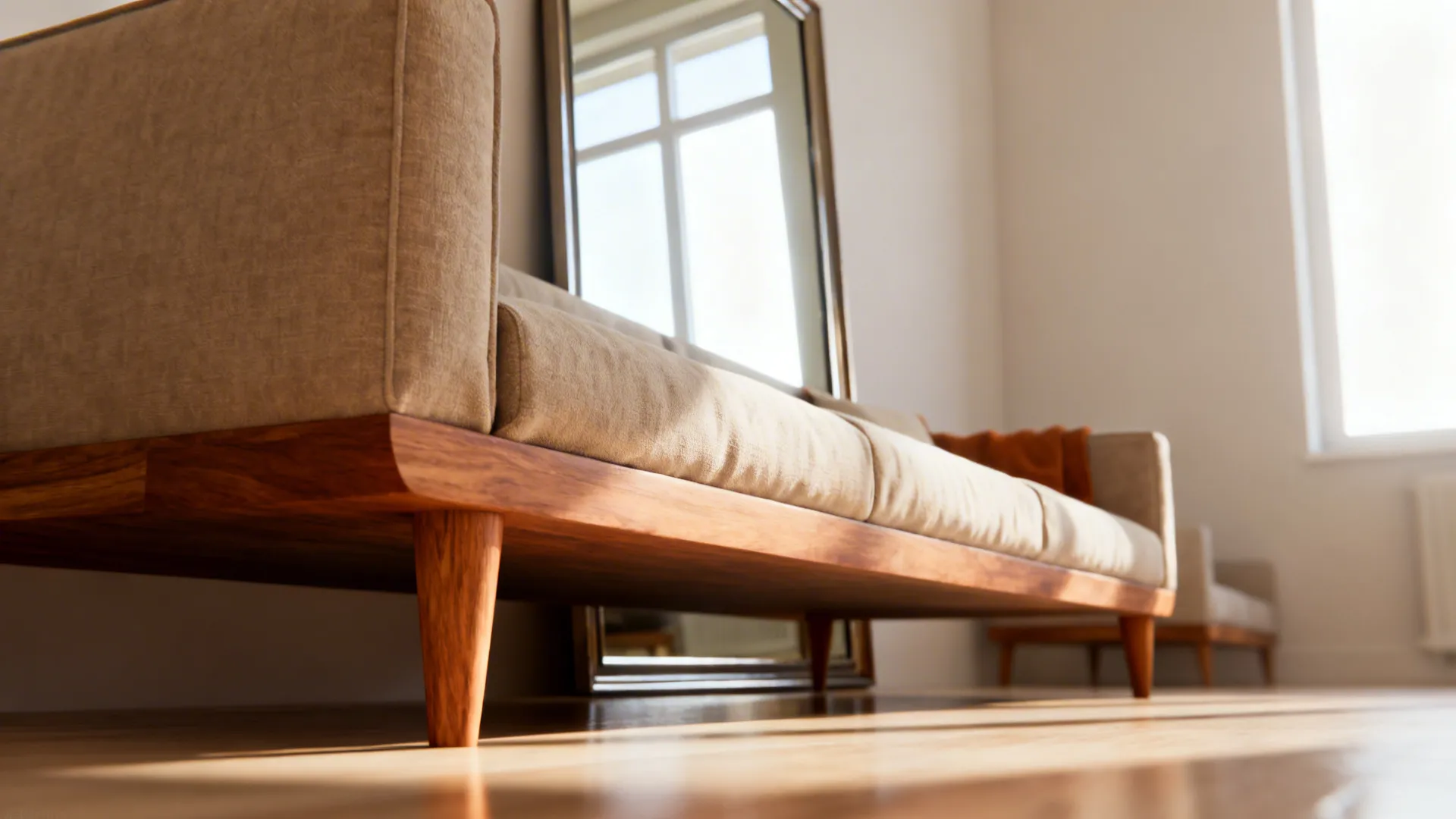 Close view of exposed furniture legs, low-profile sofa back, and mirror reflecting daylight in a small living room.
