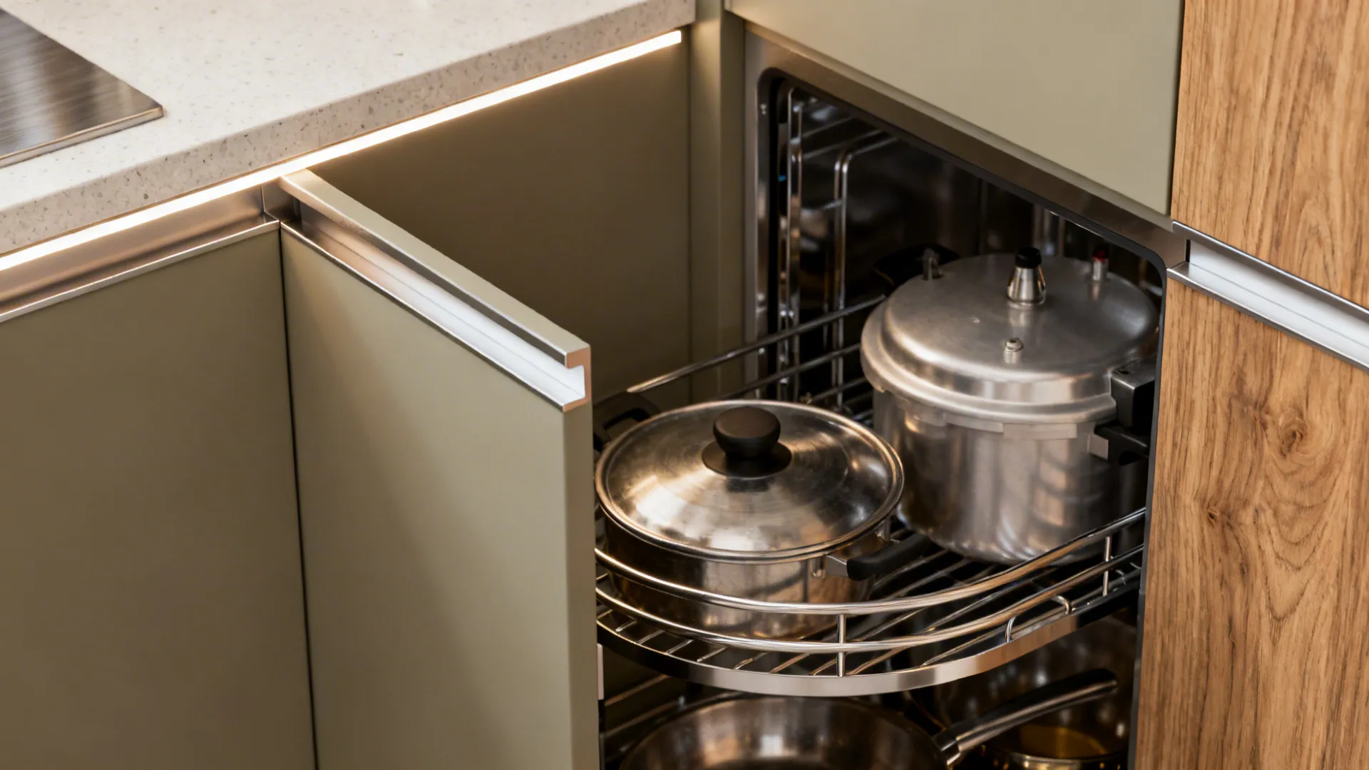 Macro view of a LeMans corner unit storing Indian cookware in an L-shaped kitchen.