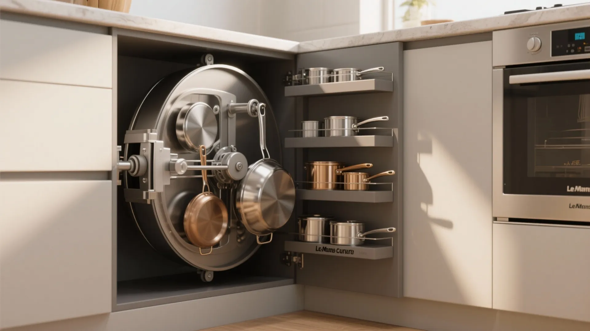 Rotating kitchen corner cabinet storage system showing various metal pots and pans on organized shelves