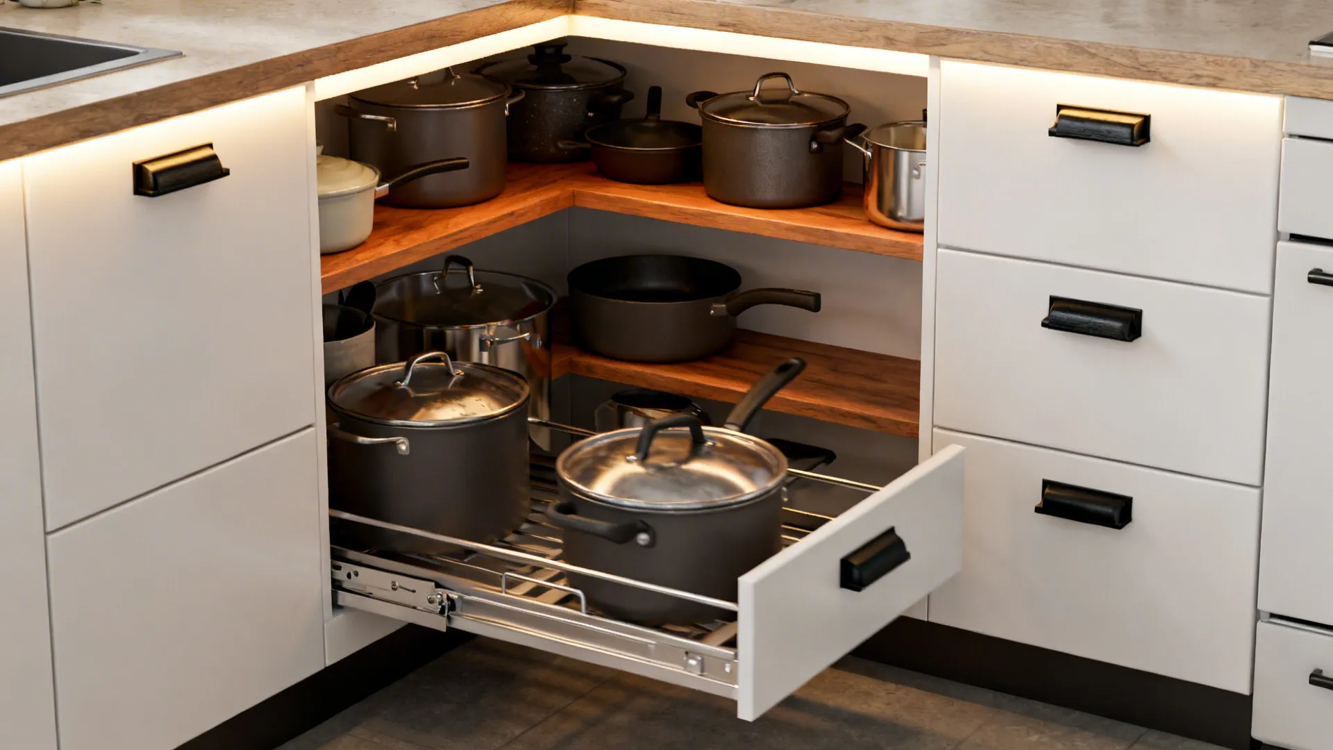 Macro view of a LeMans corner tray extended with neatly organized cookware.