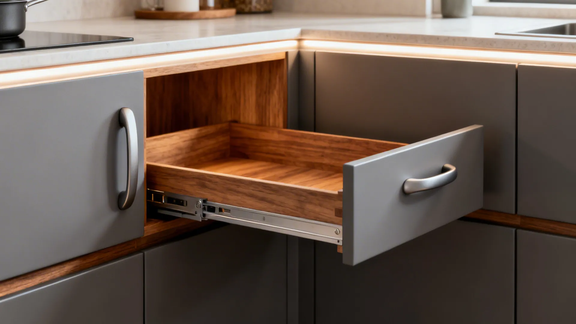 Macro view of LeMans corner tray hardware extending from a matte cabinet in a compact kitchen.