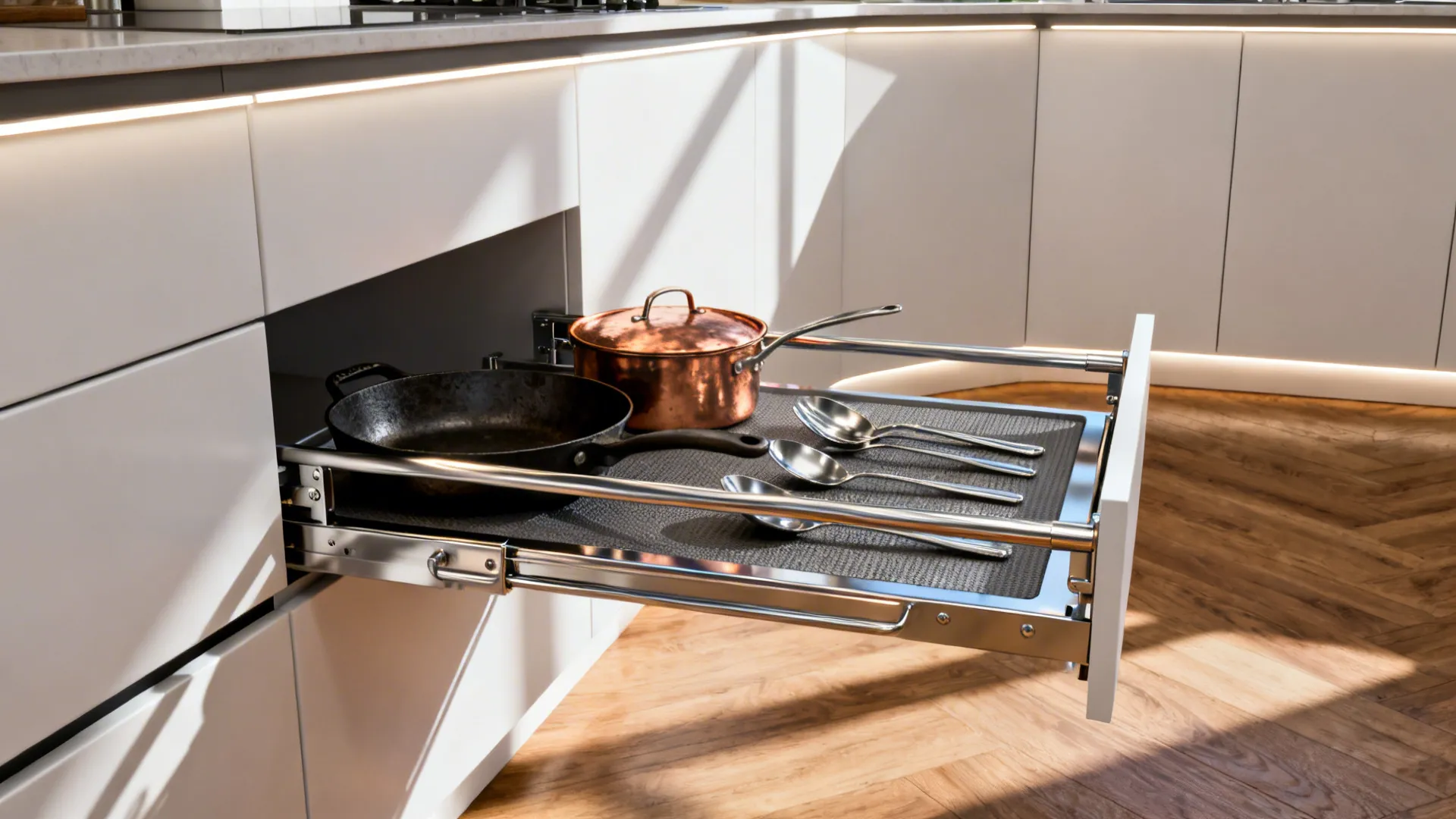 Close-up of a LeMans corner pullout tray with cookware in a modern cabinet.