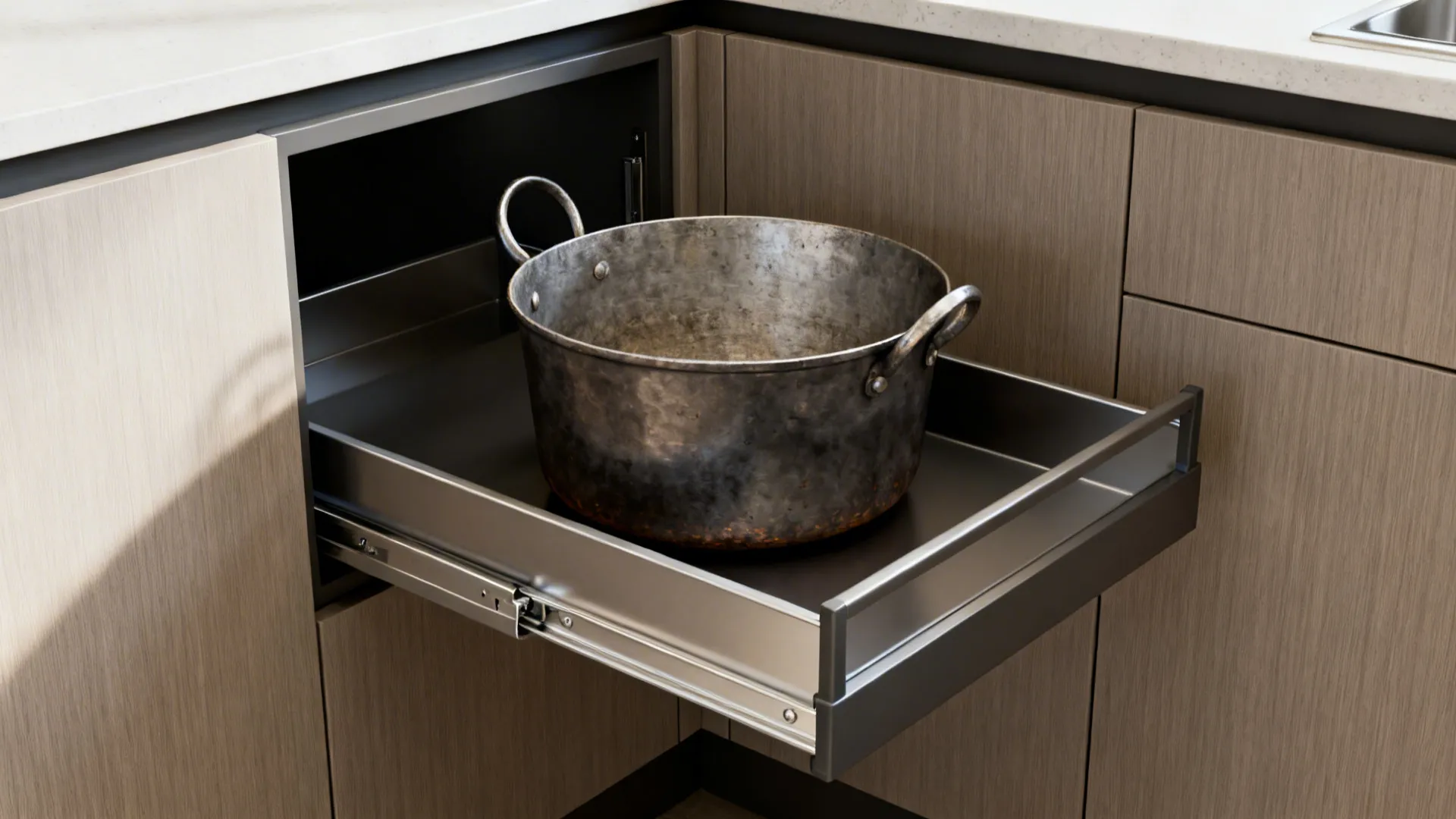 Close-up of a LeMans corner pull-out tray holding a heavy kadai.